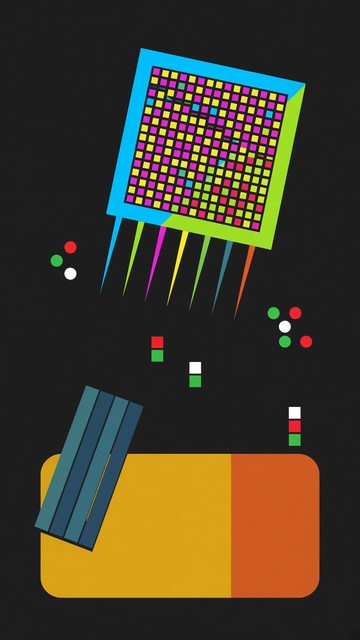 This flat geometric illustration shows a tall, poster-style scene set ...