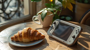 Free Gaming Breakfast Table Image - Coffee, Croissant, Console ...