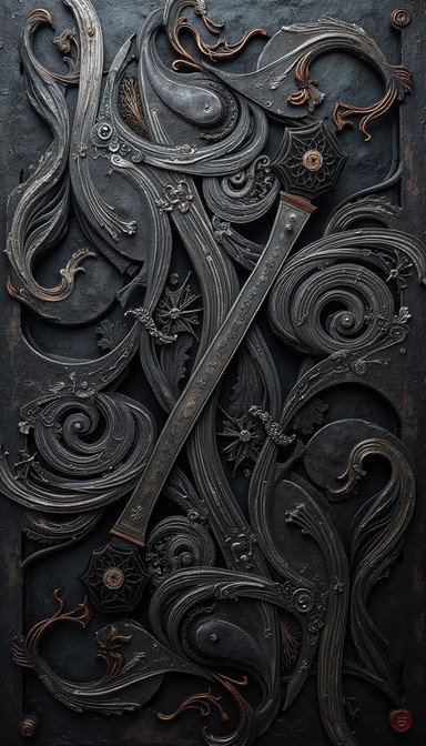 Flowing metal patterns intertwine with subtle blade shapes and ancient ...