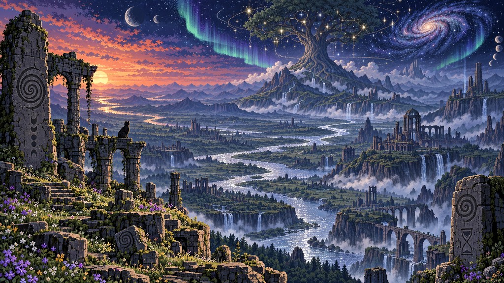 A pixel art fantasy landscape where