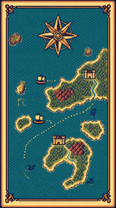 Retro 8-bit pixel art map with green islands, tiny castles, sailing ...