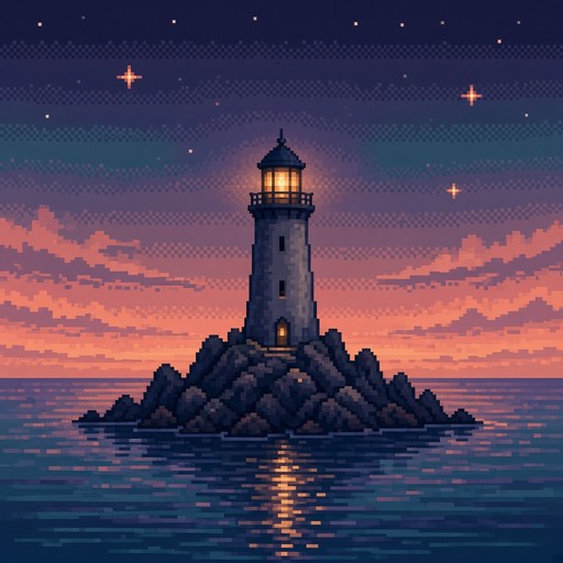 A lone stone lighthouse with a glowing amber lamp stands on a rocky ...