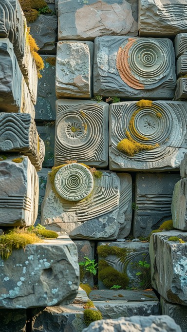 Mysterious spiral patterns carved into ancient stonework create a ...