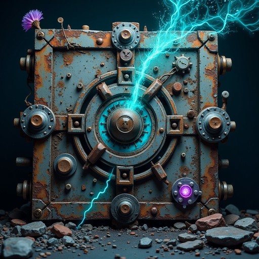 Sentiant Stands An ancient vault door stands partially embedded in rubble, its rusted ...