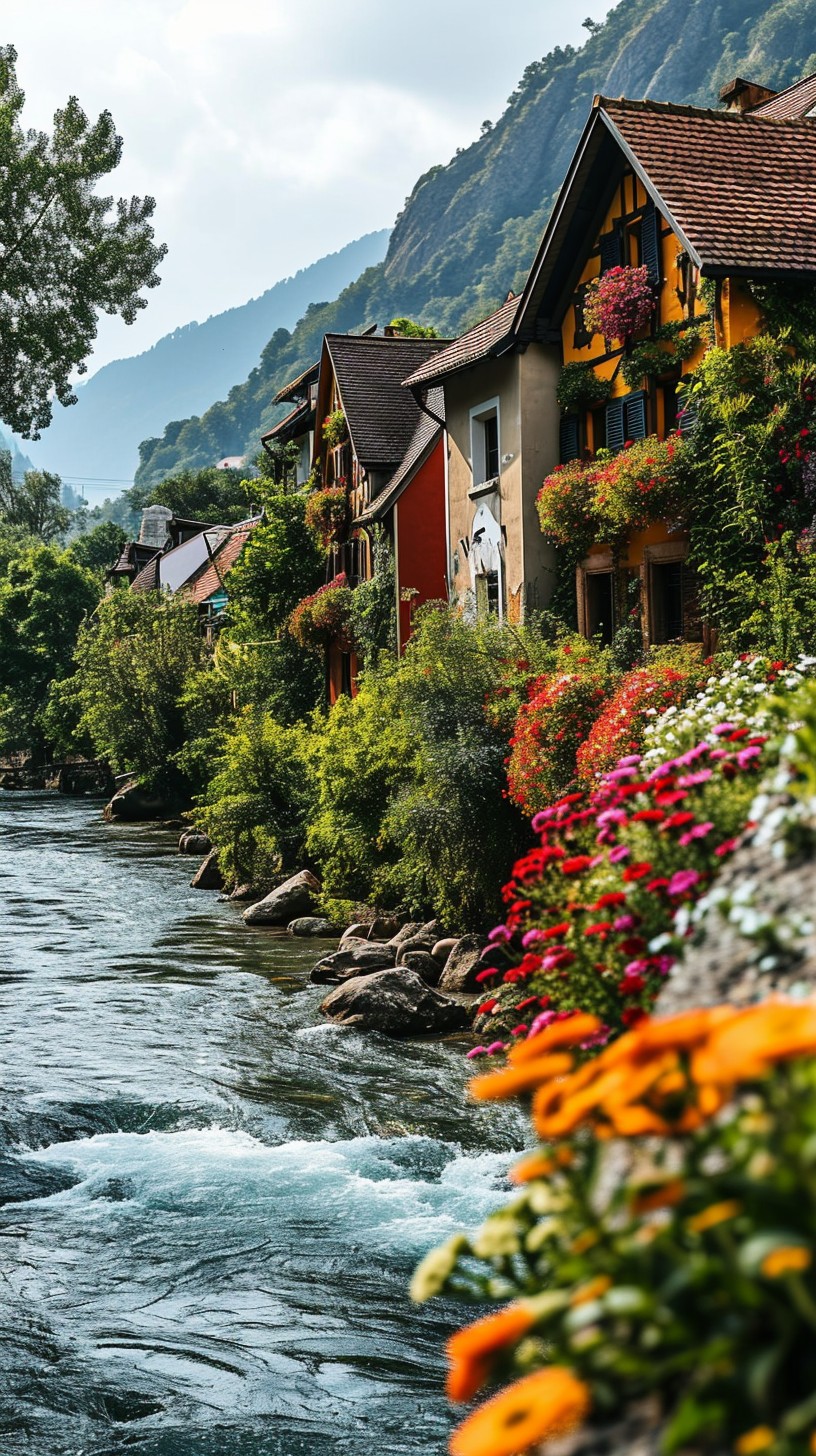 Free Riverside Floral Charm Image - River, Flowers, Houses | Download ...