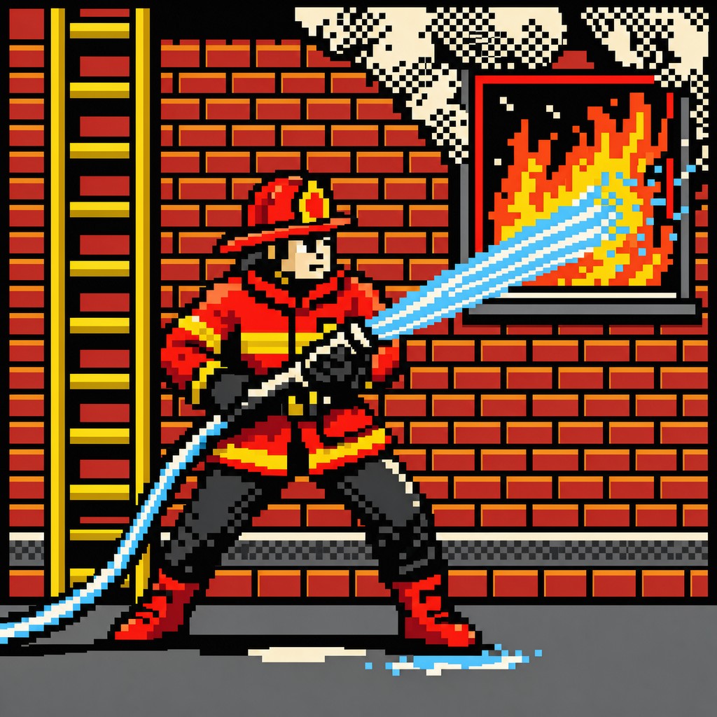 A brave pixel art firefighter sprays water from a hose at a burning ...
