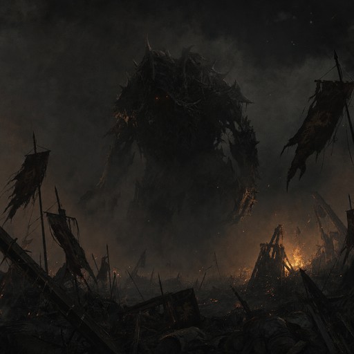 A giant shadow creature rises over a ruined battlefield at night in ...