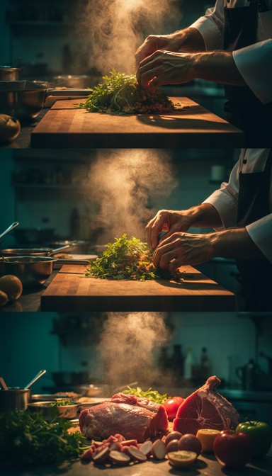 Chef's hands work with fresh ingredients on a wooden cutting board as ...