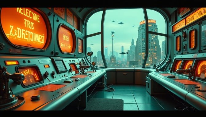 Free Retrofuturistic Command Center Image - Control, Console, Teal ...
