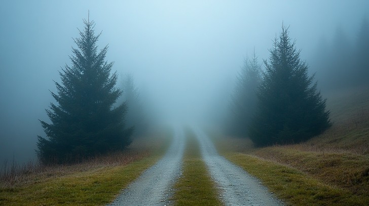 Landscape Misty Road Shot Of The Forest Road And Misty Day Autumnal