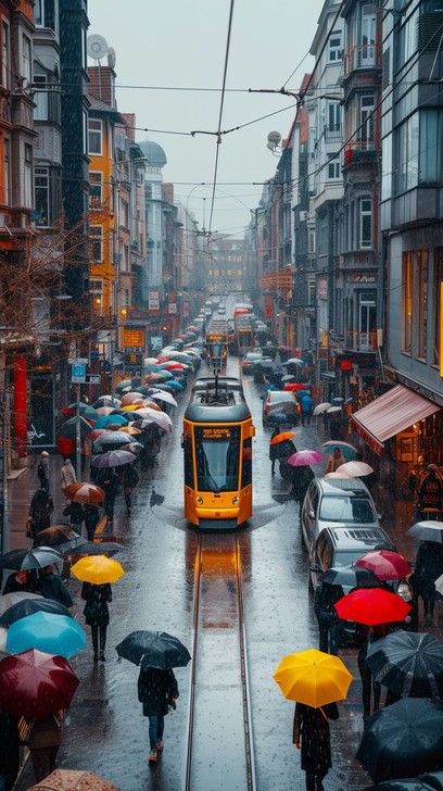 Free Rainy City Scene Image - City, Rain, Tram | Download at StockCake