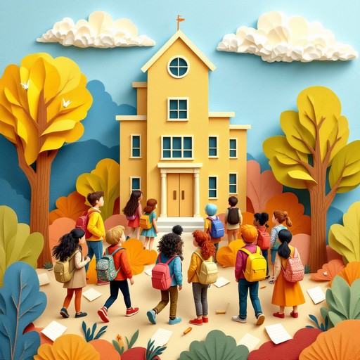 Diverse group of classmates gather in a sunny schoolyard in this ...