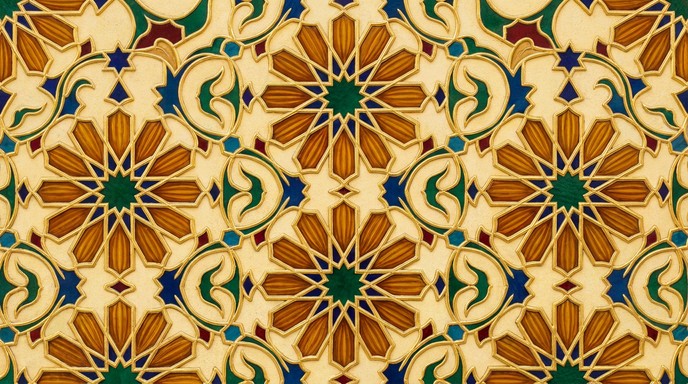 Illustrated Islamic tile pattern with amber star flowers, emerald ...