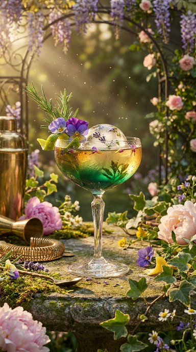 Luminous emerald and gold botanical cocktail adorned with fresh flowers ...