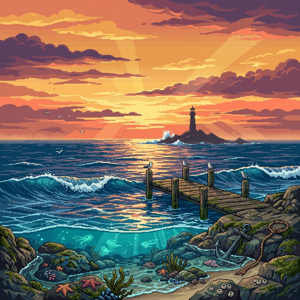 Free Pixel Ocean Sunset Image - Pixel, Ocean, Lighthouse | Download at ...