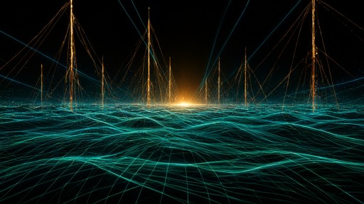 Turqoise Neon Glowing turquoise laser lines roll like ocean waves toward a golden ...