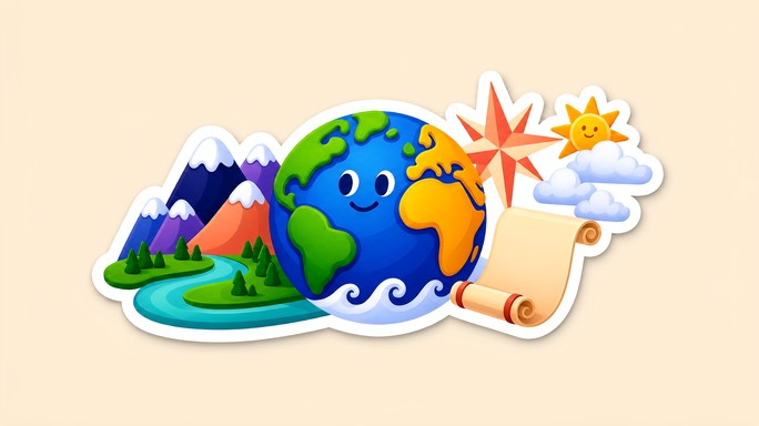 A smiling cartoon globe sits beside purple and orange mountains, a ...