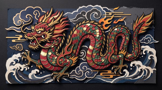 A red and green serpentine dragon with gold details coils through ...