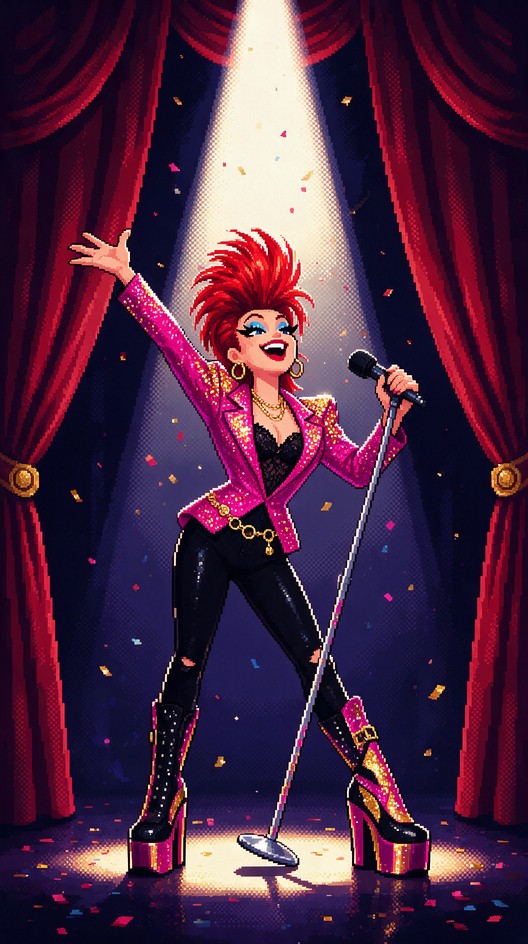 Pixel art illustration of a woman singer with spiky red hair and a ...