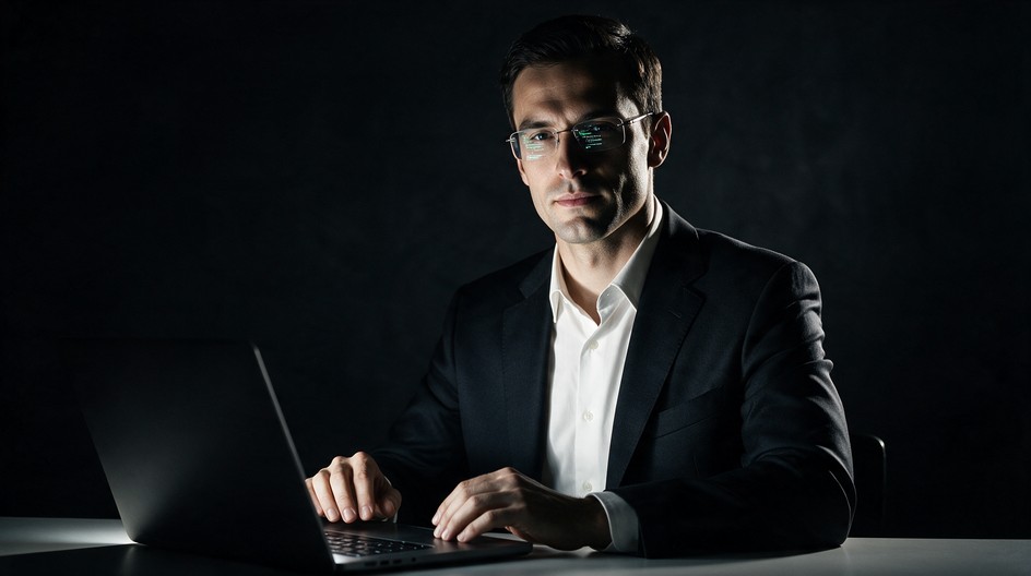 Programmer White Shadow A serious man in a dark suit and white shirt sits at a desk with his ...