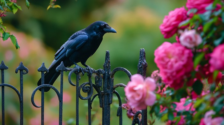 Free Crow on fence Image - Crow, Fence, Roses | Download at StockCake