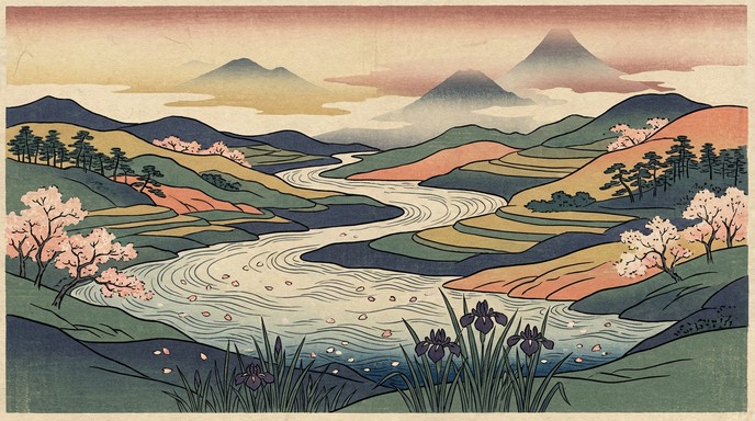 Free Winding River Landscape Image - Ukiyo-e, Japanese, Woodblock ...