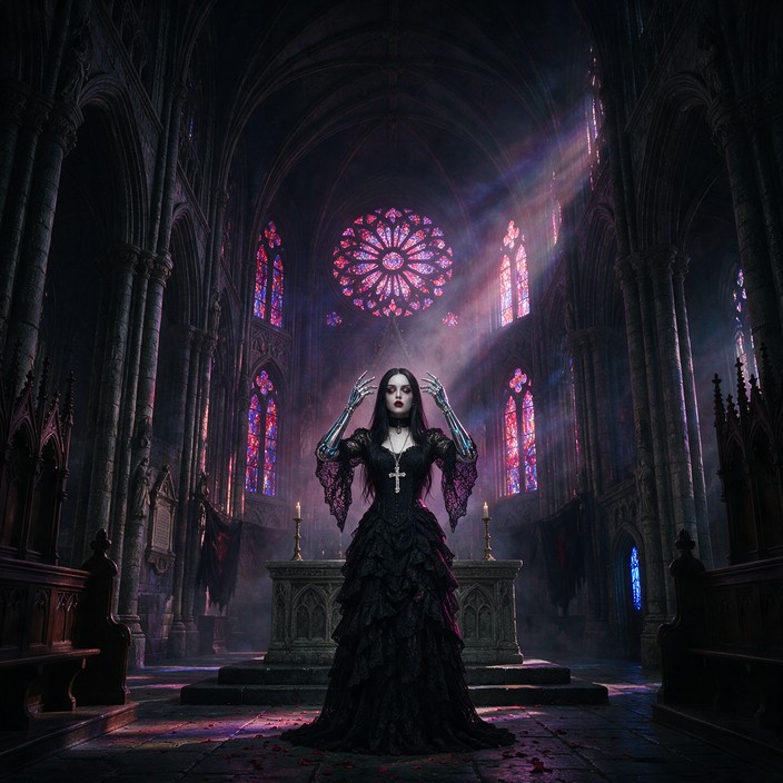 A lone goth woman with pale skin and dark lips stands in the middle of ...