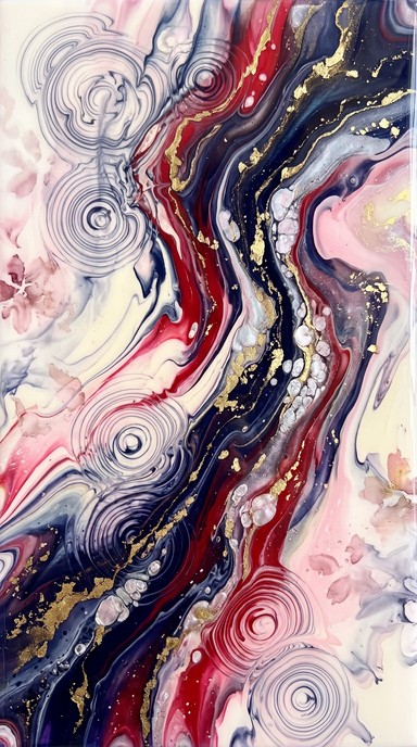 A tall abstract illustration shows marbled ink and glossy acrylic paint ...