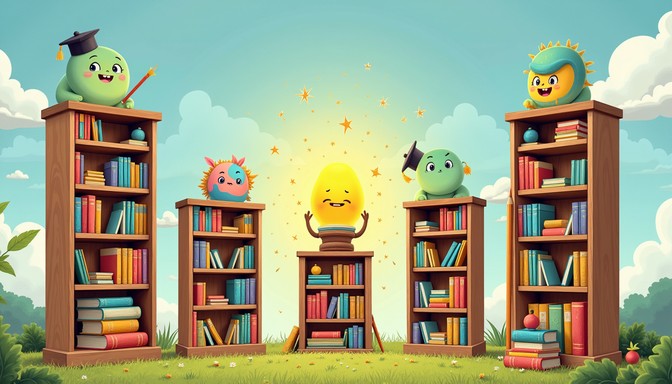Free Magical Library Friends Image - Bookshelf, Whimsical, Cartoon ...