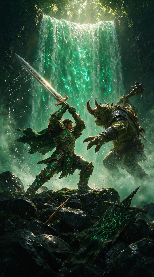 Download Emerald Waterfall Duel Image - Fantasy, Warrior, Battle ...