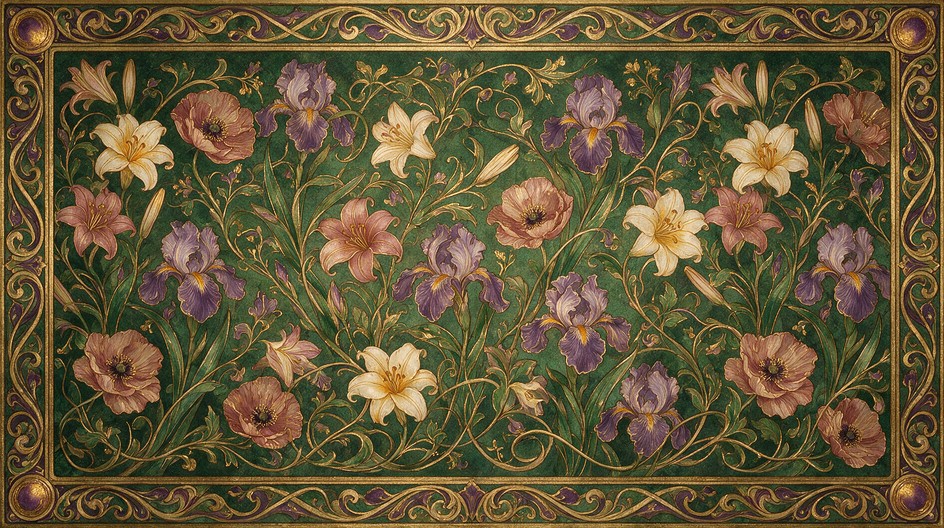 Art Nouveau floral illustration with cream lilies, purple irises, and ...