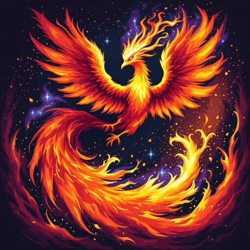 Mythical firebird spirals upward with flowing tail feathers, surrounded ...