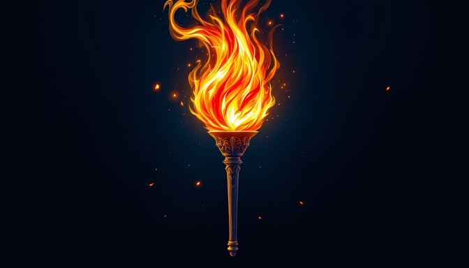 A bold blazing torch emblem features golden and amber flames swirling ...