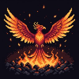 A fiery orange and gold pixel art phoenix spreads its wide wings above ...