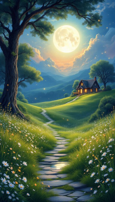 Moon Light Countryside Free Moonlit Cottage Dreams Image - Moonlight, Cottage, Meadow ...