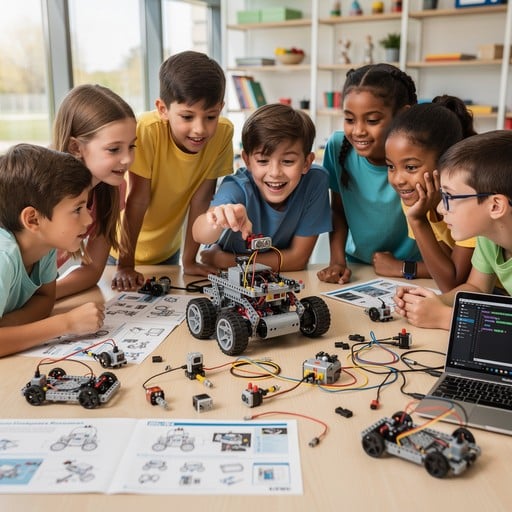 Young adults and kids collaborating on tech project
