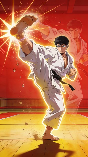 Dynamic anime-style karate fighter executes explosive high kick with ...
