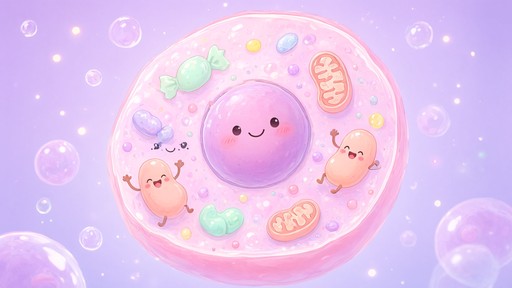 A sweet kawaii digital illustration shows a big, round, pastel-pink ...