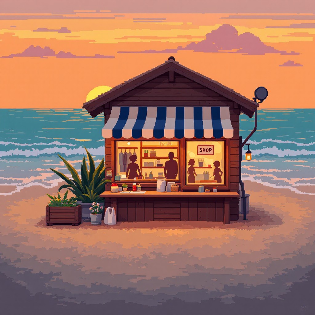 Free Sunset Beach Shop Image - Beach, Sunset, Pixel | Download at StockCake