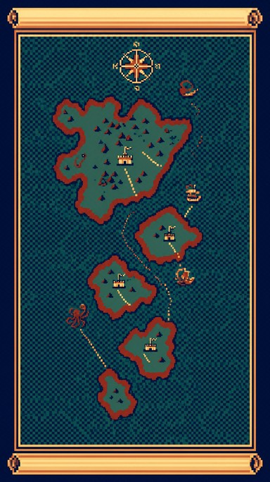 Retro 8-bit pixel art treasure map of green islands with red-orange ...