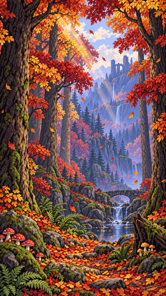 This 16-bit pixel art illustration shows a tall fall forest full of ...