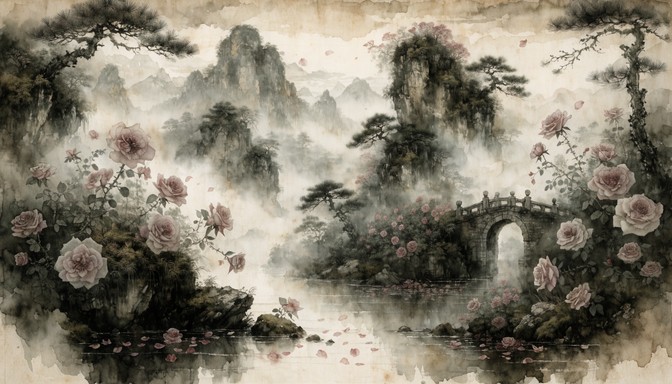 Free Misty Mountain Roses Image - Watercolor, Landscape, Mountains ...