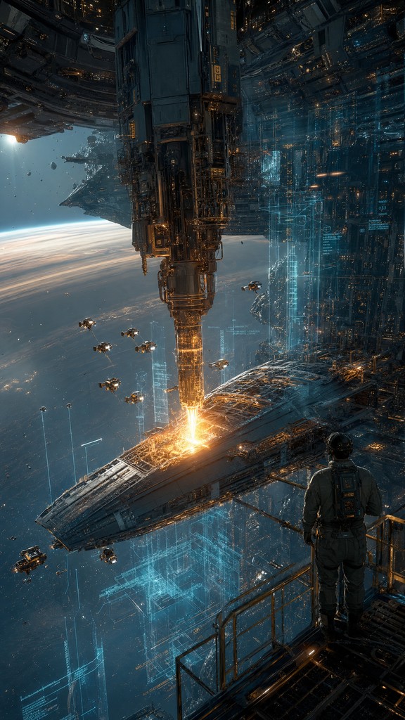 A giant metal tower in space builds a huge starship while a lone ...