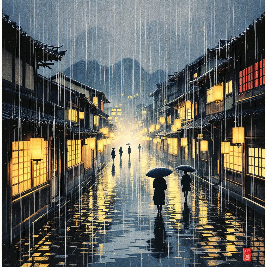 Free Japanese Rain Scene Image - Ukiyoe, Woodblock, Illustration ...