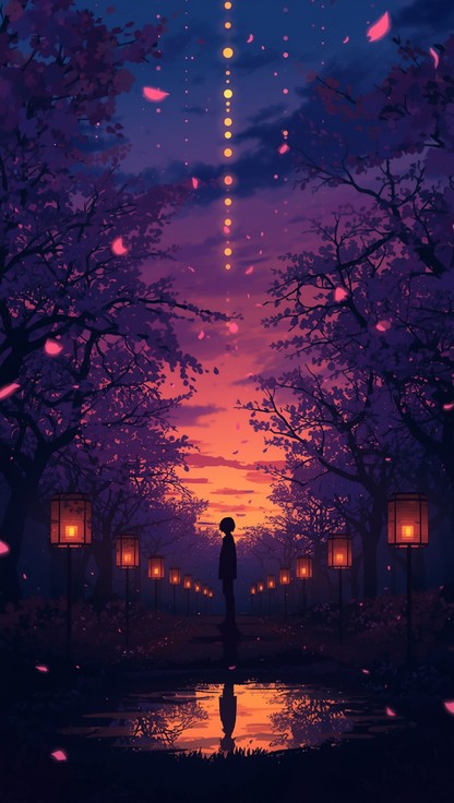 Anime illustration shows lone person watching sunset on cherry blossom ...