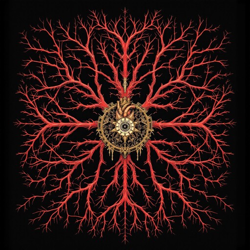 Glowing red arteries radiate in perfect symmetry from a clockwork heart ...