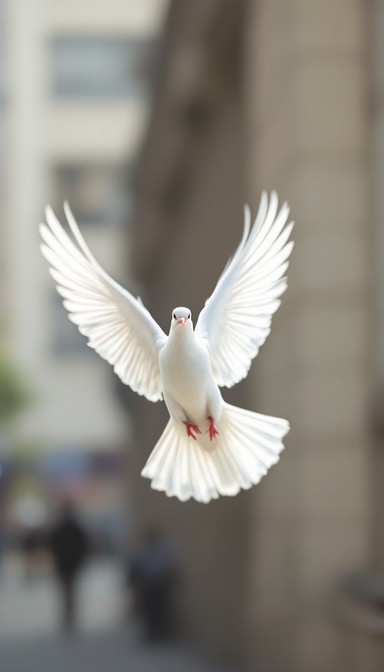 A high-quality image of a dove taking flight, set against a serene and peaceful background