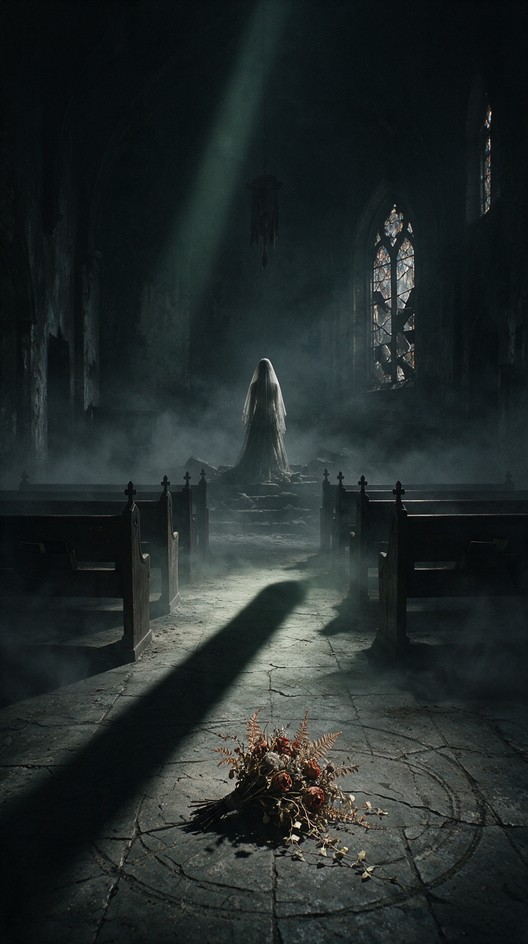 A lonely woman in a white veil stands still at the altar of a dark ...