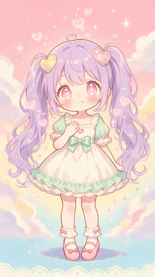 A cute chibi girl with long lavender twin-tails holds her hand to her ...