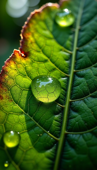Glistening water droplets magnify intricate veins of a backlit leaf ...